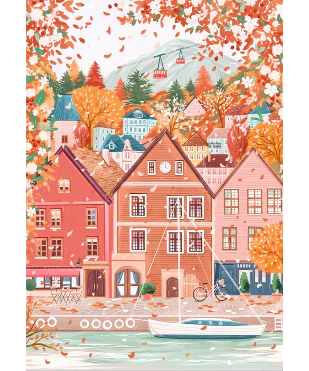 Illustration complète du puzzle Bergen de Pieces & Peace, dessinée par Simply, Katy