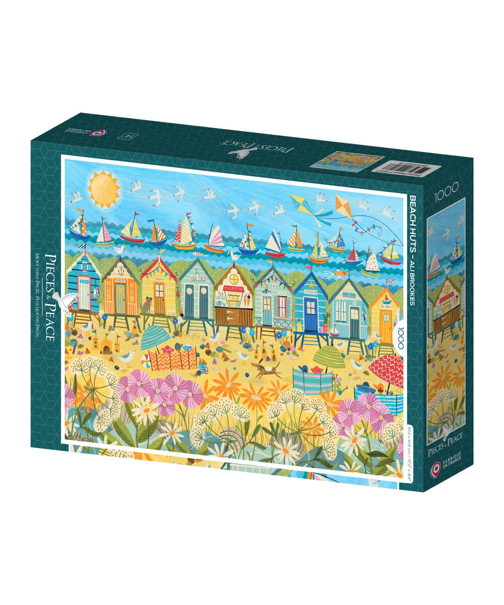 Boîte du puzzle Cabines de Plage, 1000 pièces, de la marque Pieces & Peace, sur fond blanc