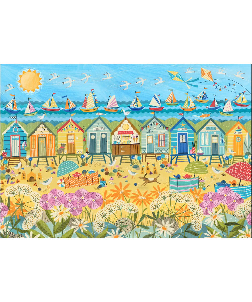 Illustration complète du puzzle Cabines de Plage de Pieces & Peace, dessinée par Ali Brookes