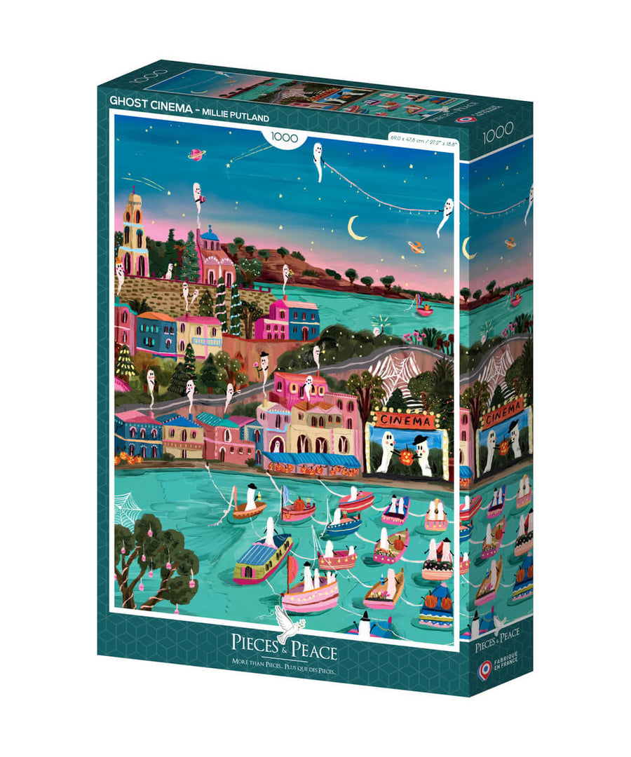 Boîte du puzzle Cinéma Fantôme, 1000 pièces, de la marque Pieces & Peace, sur fond blanc