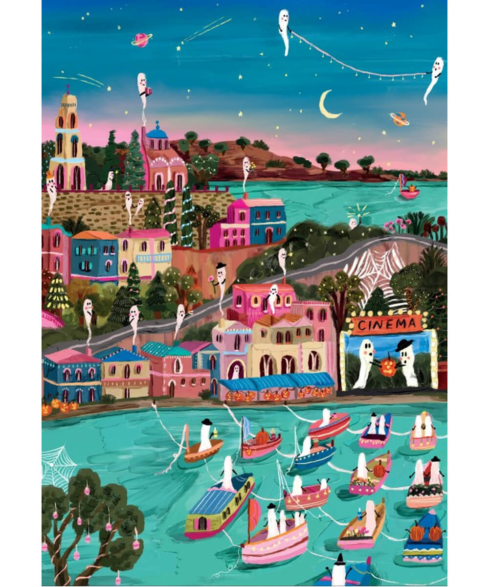 Illustration complète du puzzle Cinéma Fantôme de Pieces & Peace, dessinée par Millie Putland