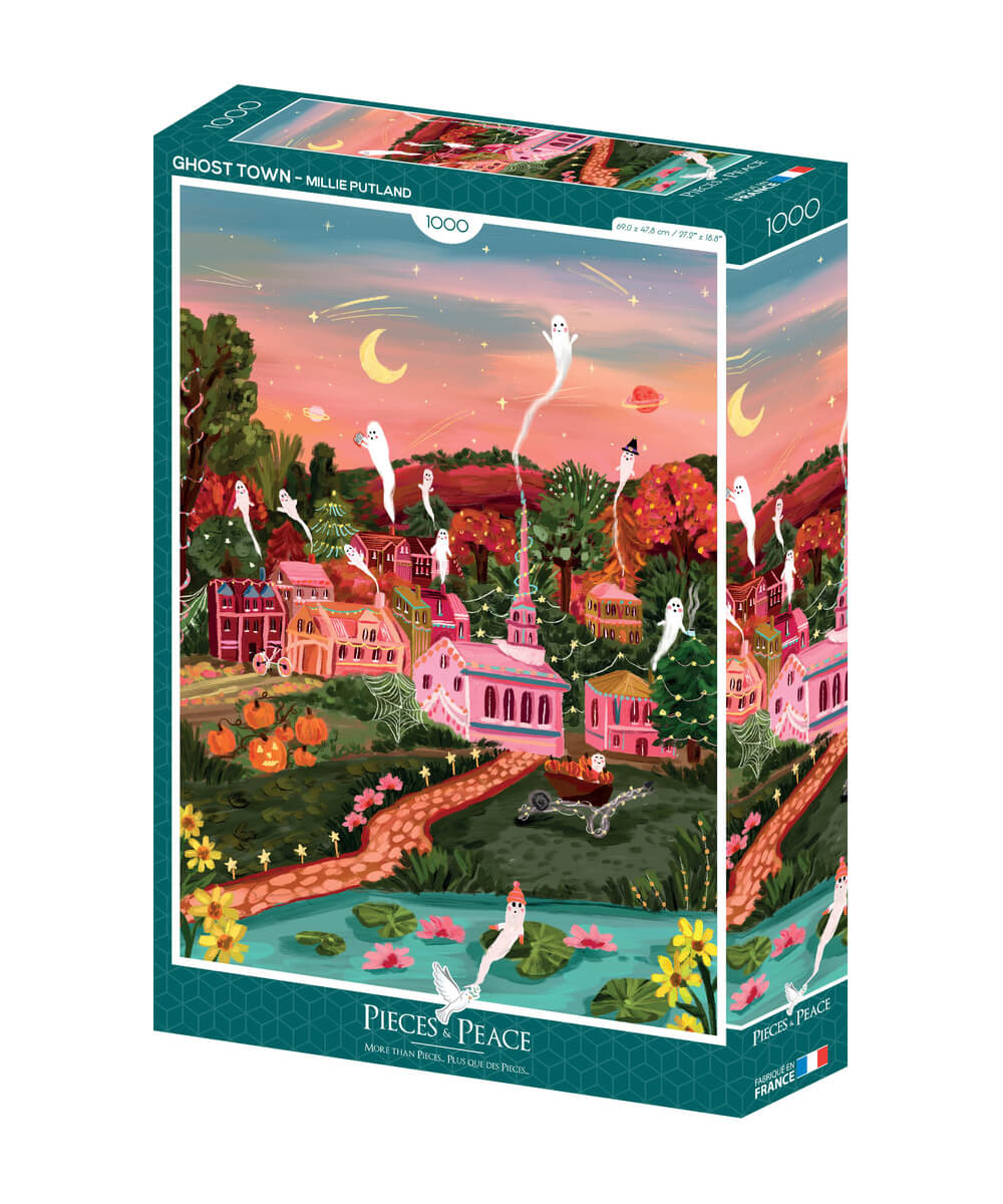 Boîte du puzzle La Ville d'Halloween, 1000 pièces, de la marque Pieces & Peace, sur fond blanc