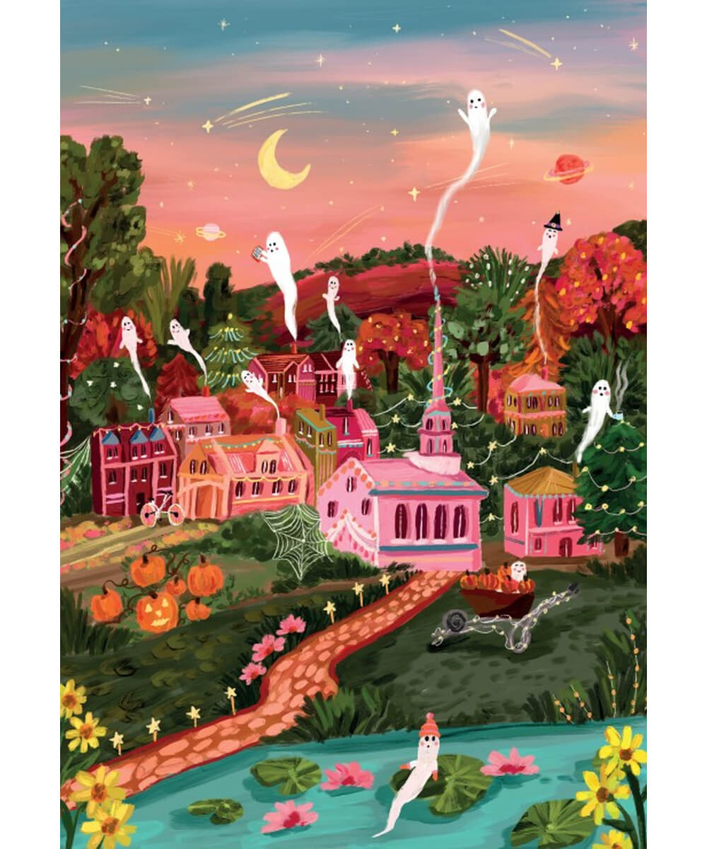 Illustration complète du puzzle La Ville d'Halloween de Pieces & Peace, dessinée par Millie Putland