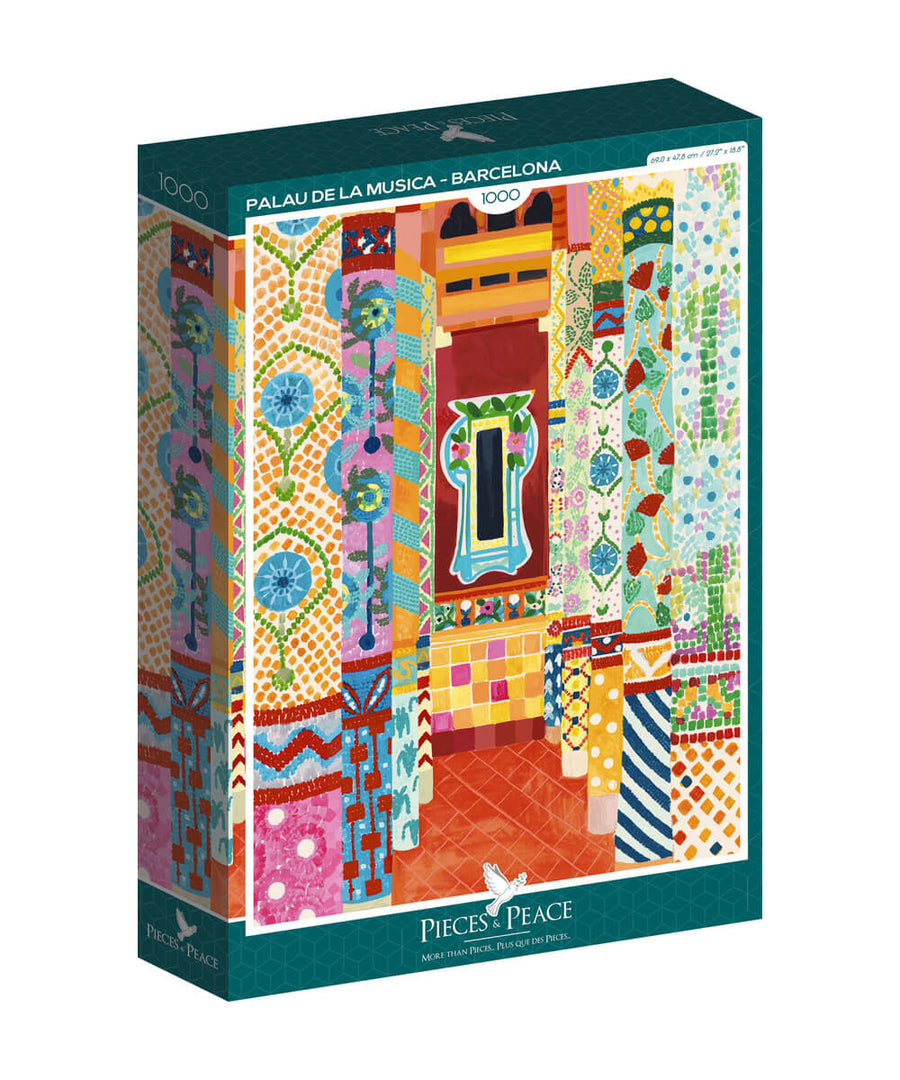 Boîte du puzzle Palais de la Musique - Barcelone, 1000 pièces, de la marque Pieces & Peace, sur fond blanc