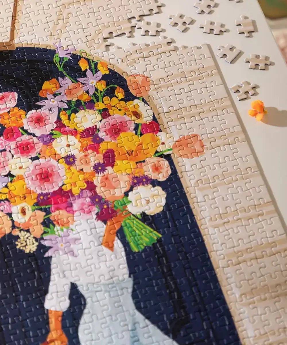 Puzzle 1000 pieces illustration femme fleurs et porte bleu marine parisian door All The Ways To Say.