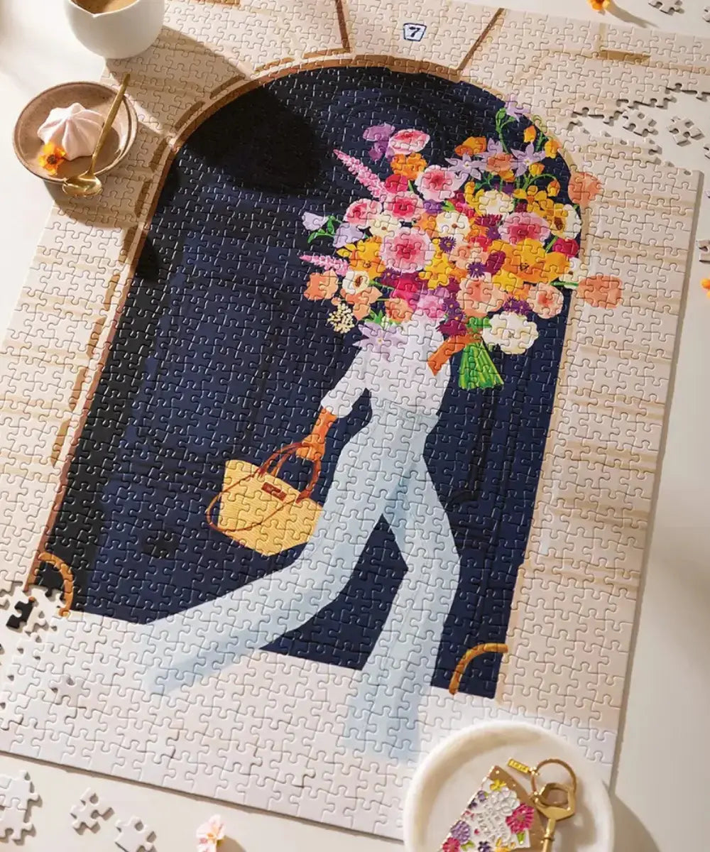 Puzzle 1000 pieces illustration femme fleurs et porte bleu marine parisian door All The Ways To Say.