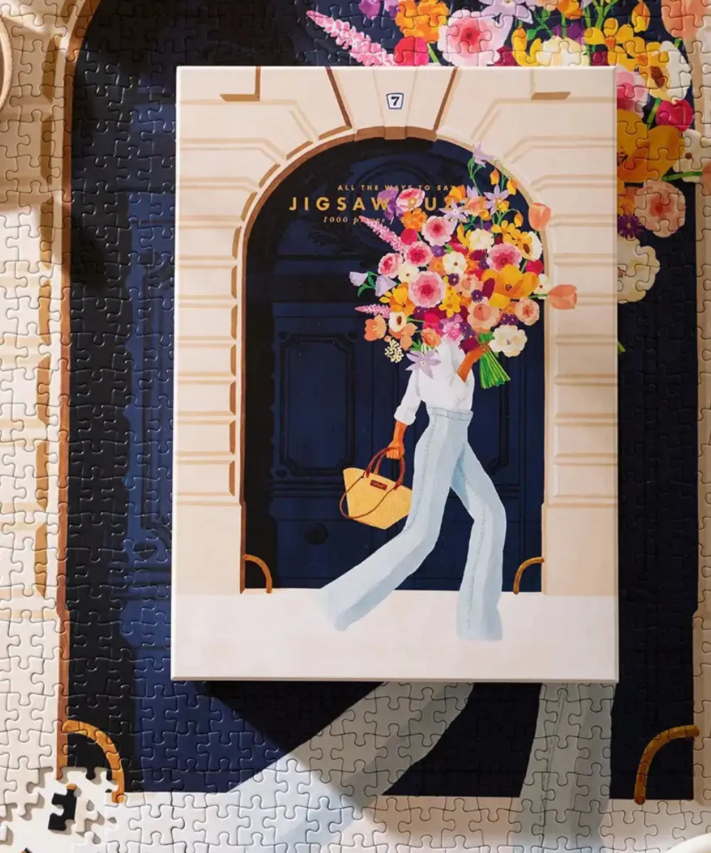 Puzzle 1000 pieces illustration femme fleurs et porte bleu marine parisian door All The Ways To Say.