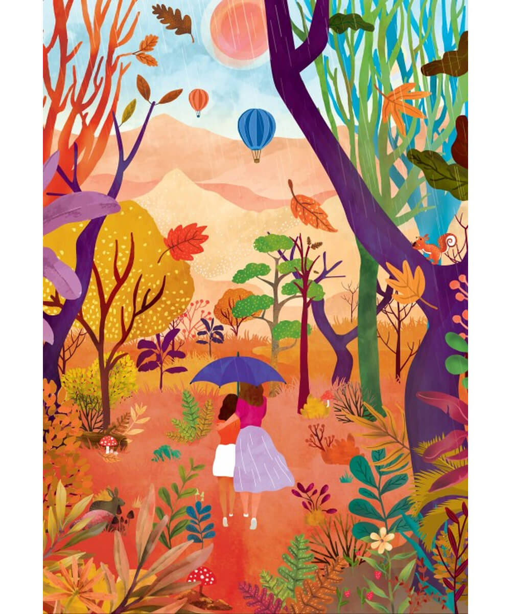 Illustration complète du puzzle Promenade d'Automne de Pieces & Peace, dessinée par Heln.illustration