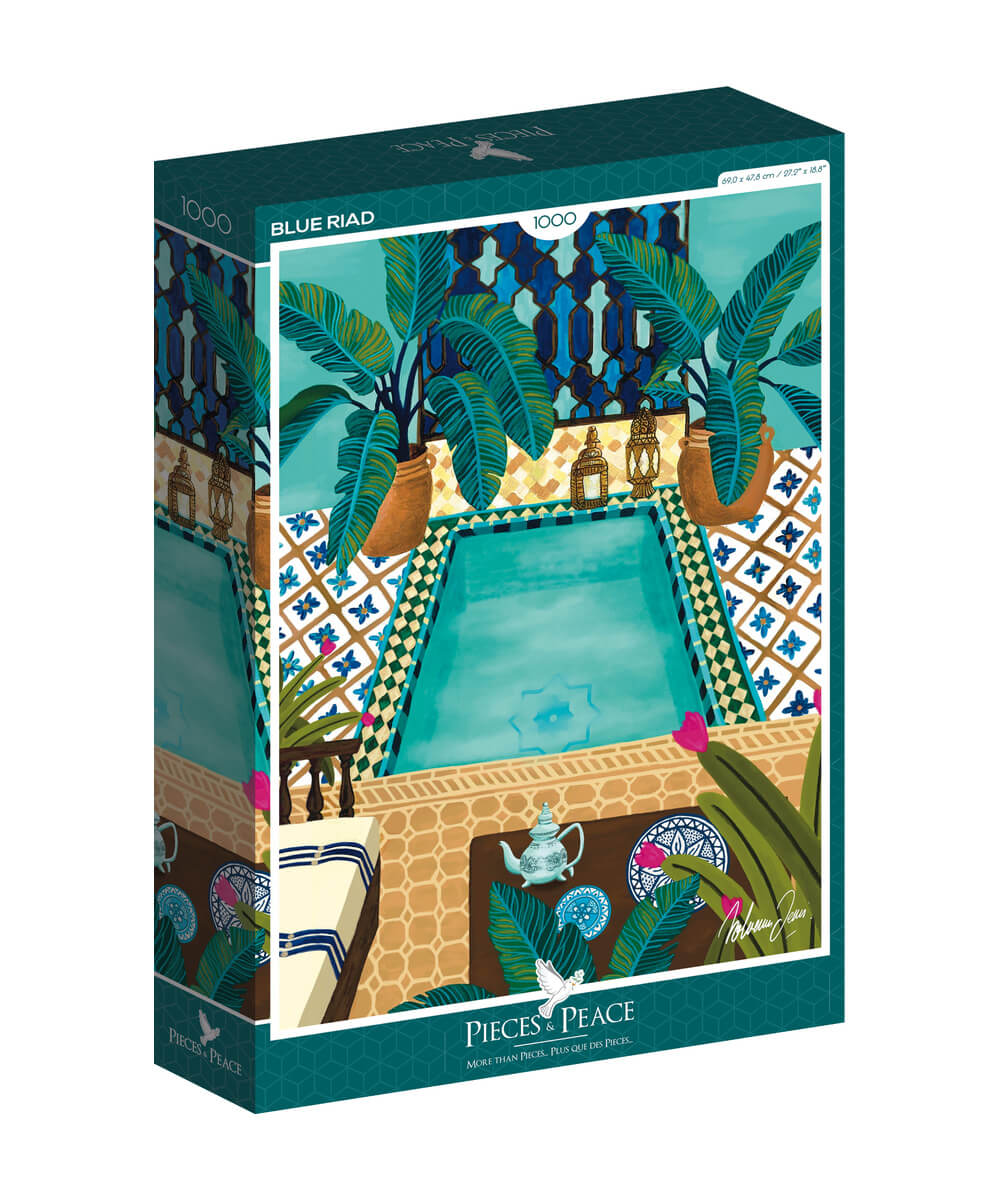 Boîte du puzzle Riad Bleu, 1000 pièces, de la marque Pieces & Peace, sur fond blanc