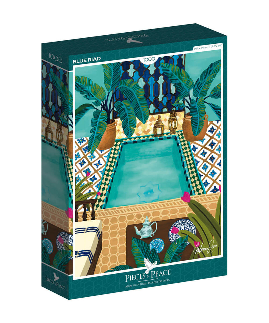 Boîte du puzzle Riad Bleu, 1000 pièces, de la marque Pieces & Peace, sur fond blanc