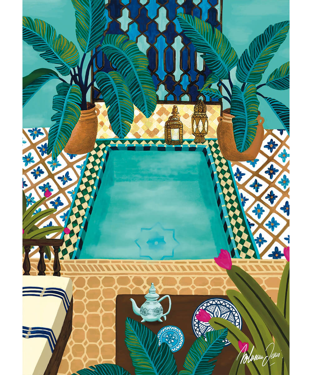 Illustration complète du puzzle Riad Bleu de Pieces & Peace, dessinée par Nolwenn Studio