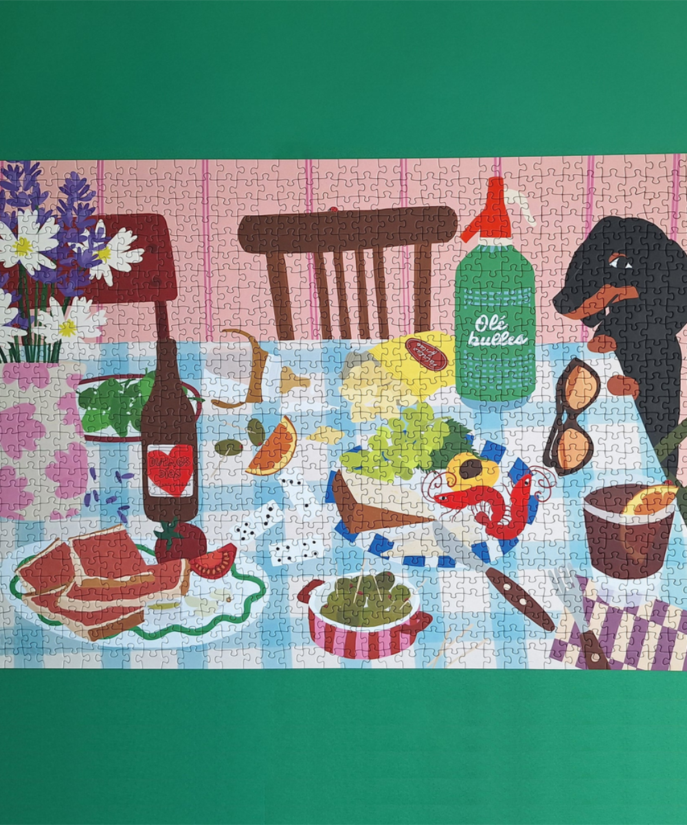 Tapas y amigos, puzzle 1000 pièces de Pièce rapportée, détail de l’illustration et des pièces assemblées