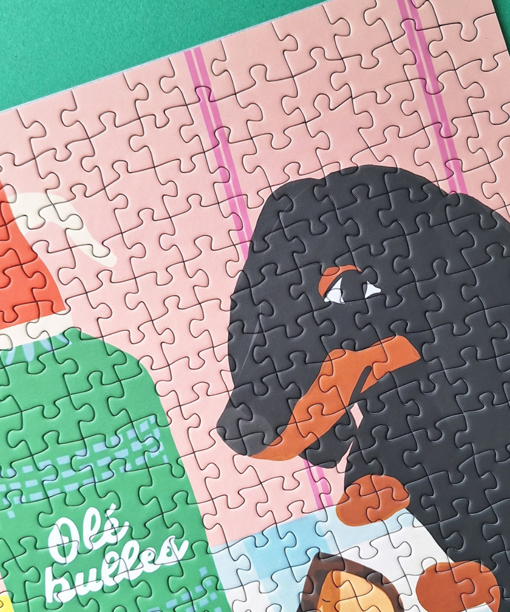 Tapas y amigos, puzzle 1000 pièces de Pièce rapportée, détail de l’illustration et des pièces assemblées