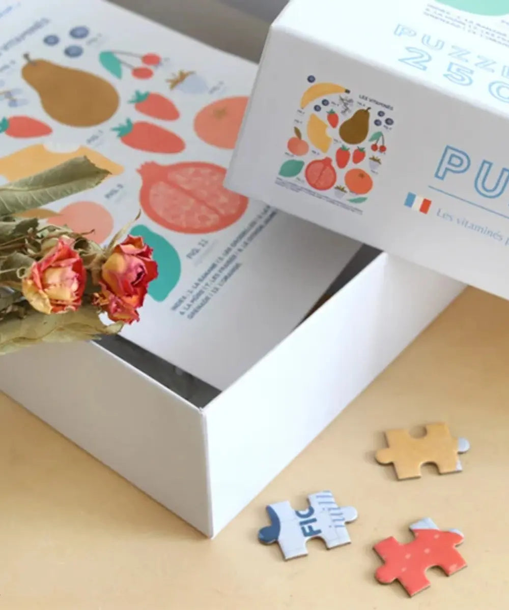 Puzzle 250 pieces planche de fruits la petite epicerie illustre par la mandarine bleue.