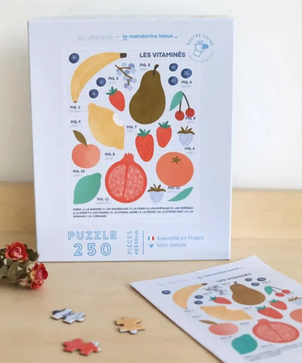 Puzzle 250 pieces planche de fruits la petite epicerie illustre par la mandarine bleue.