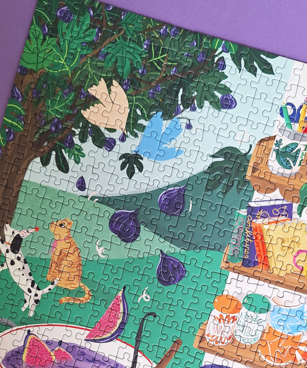 Confiture de mon jardin, puzzle 500 pièces de Pièce rapportée, détail de l’illustration et des pièces assemblées
