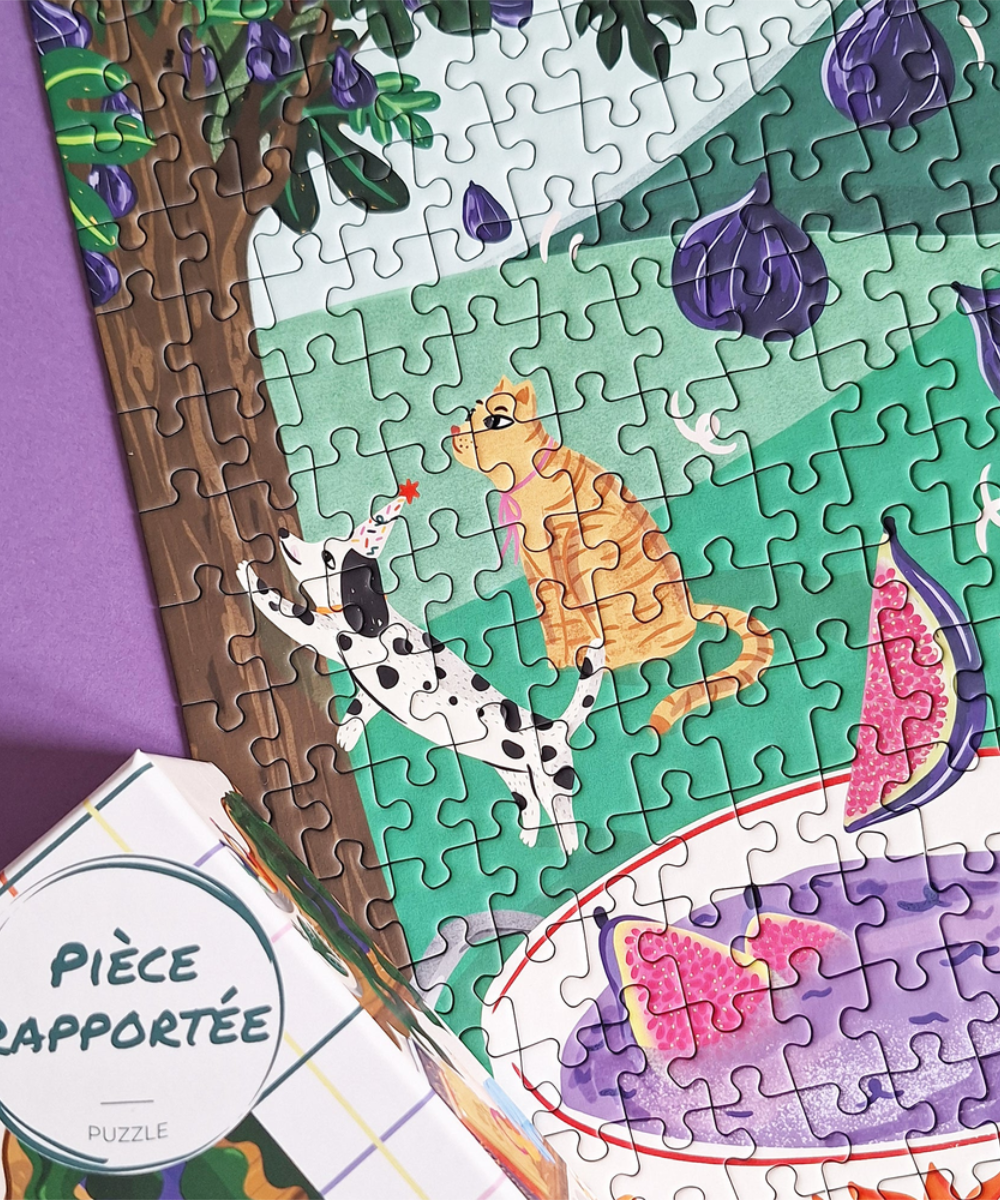 Confiture de mon jardin, puzzle 500 pièces de Pièce rapportée, détail de l’illustration et des pièces assemblées