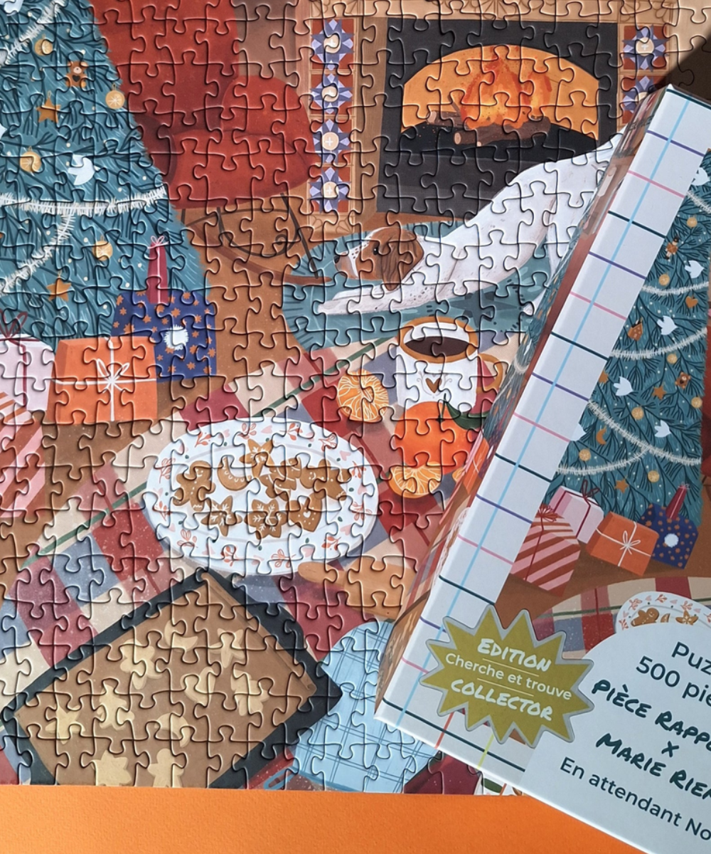 En attendant Noël, puzzle 500 pièces de Pièce rapportée, détail de l’illustration et des pièces assemblées