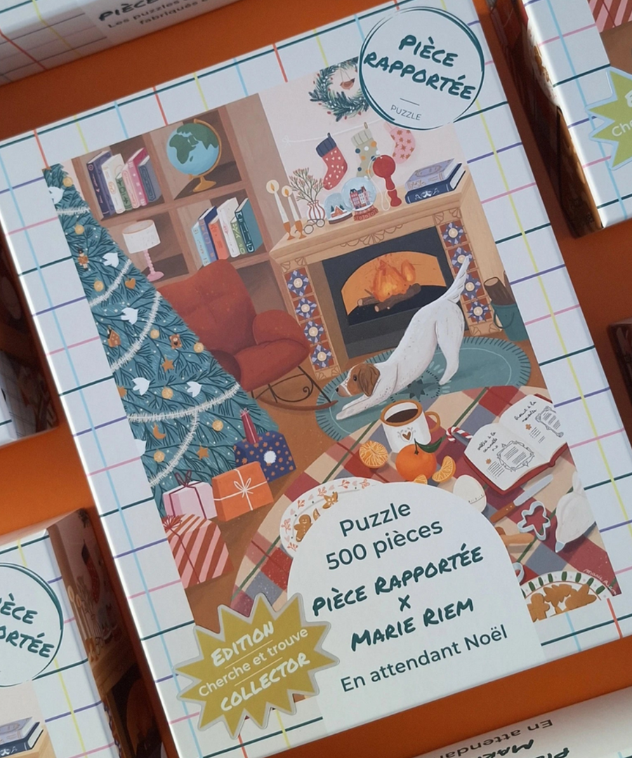 En attendant Noël, puzzle 500 pièces de Pièce rapportée, détail de l’illustration et des pièces assemblées