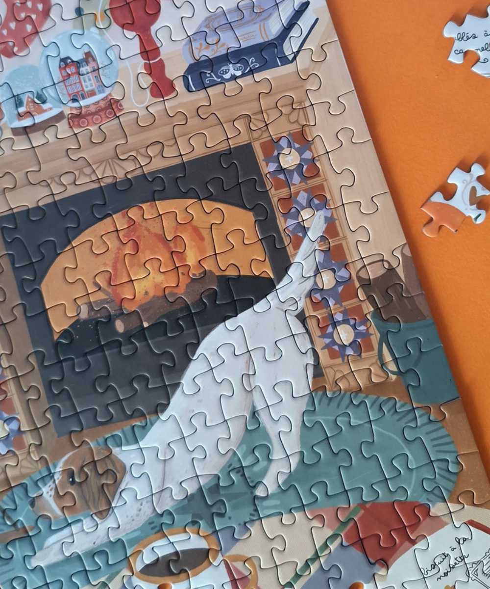 En attendant Noël, puzzle 500 pièces de Pièce rapportée, détail de l’illustration et des pièces assemblées