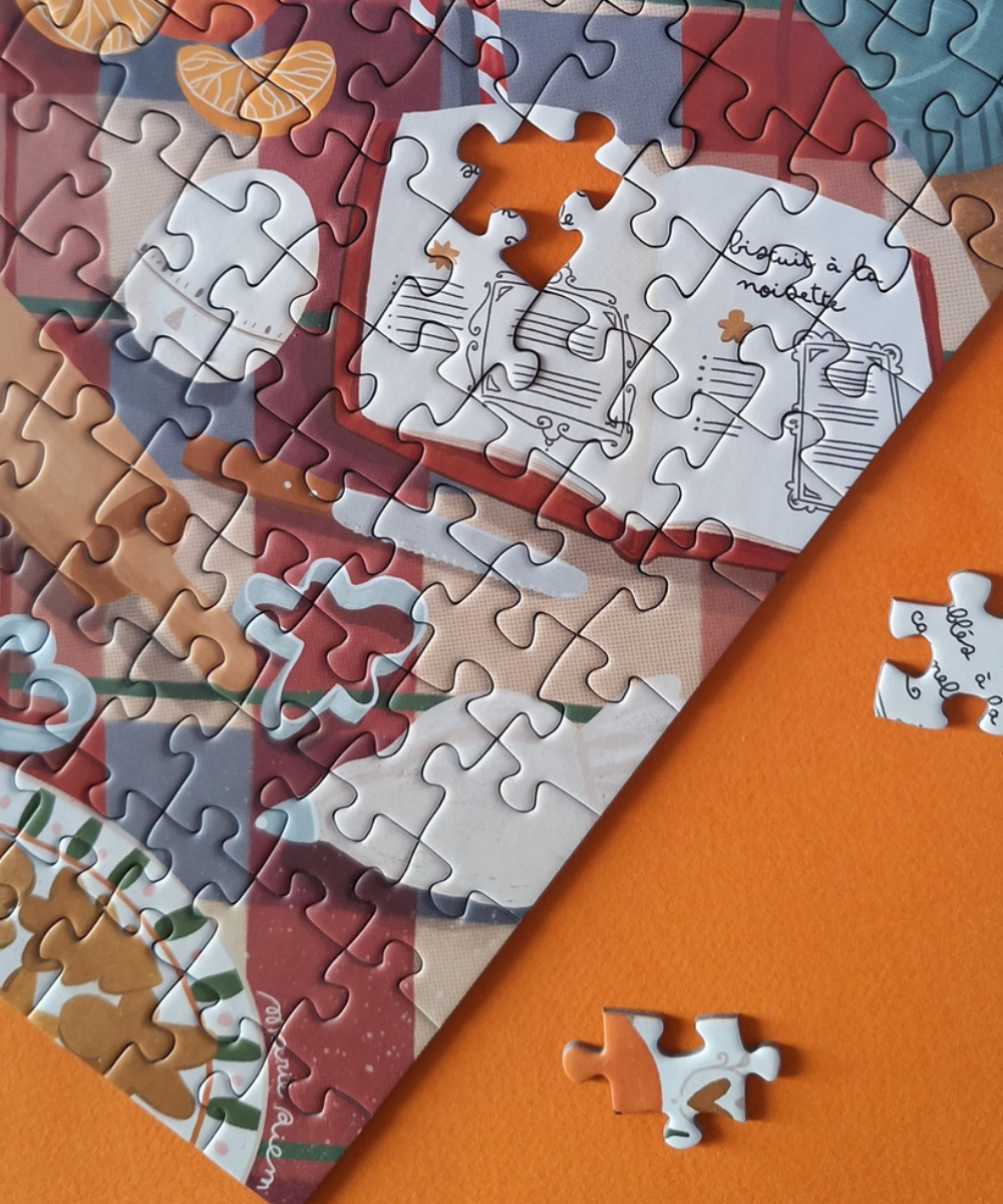 En attendant Noël, puzzle 500 pièces de Pièce rapportée, détail de l’illustration et des pièces assemblées