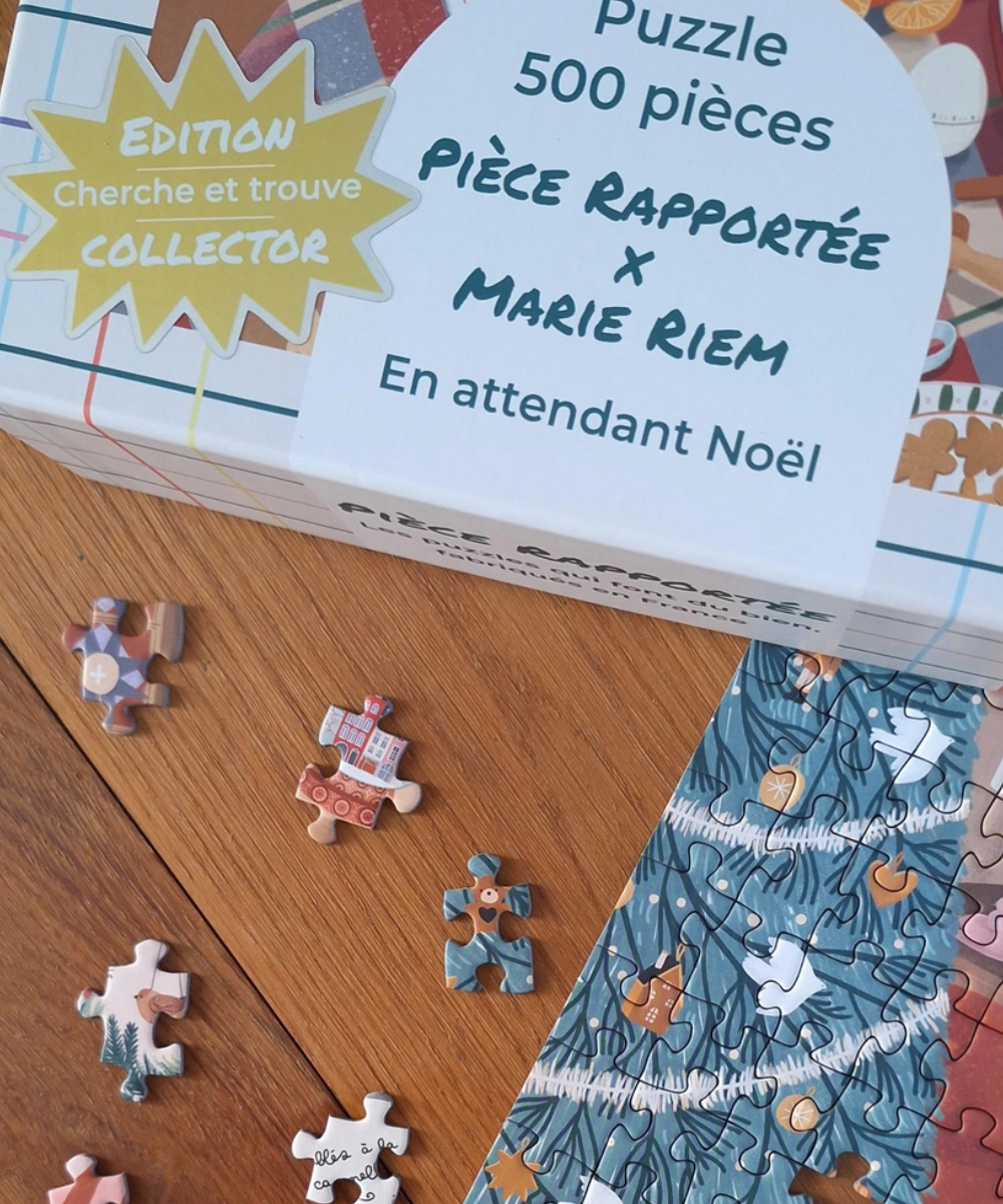 En attendant Noël, puzzle 500 pièces de Pièce rapportée, détail de l’illustration et des pièces assemblées