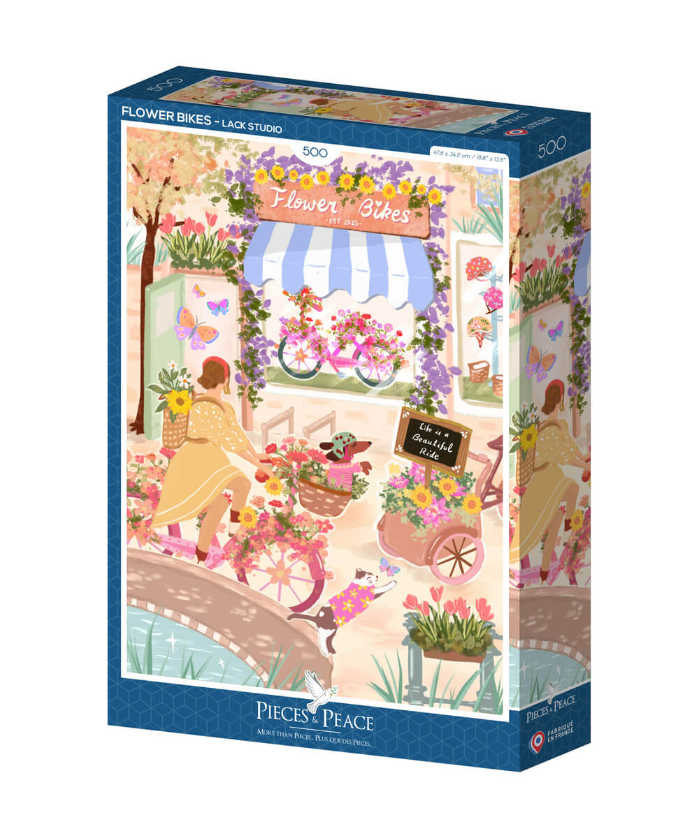 Boîte du puzzle Vélos Fleuris, 500 pièces, de la marque Pieces & Peace, sur fond blanc