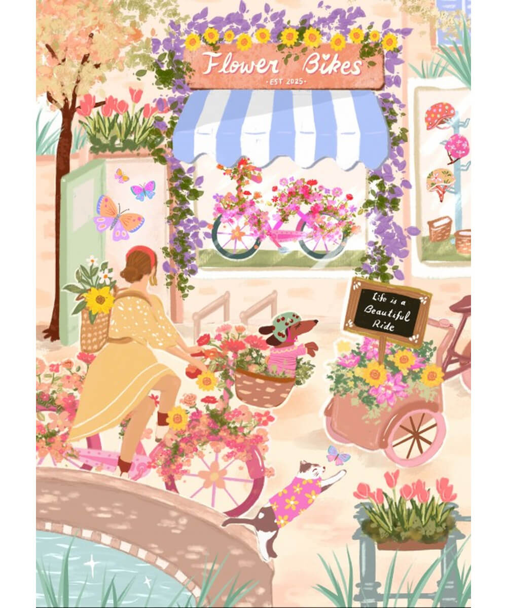 Illustration complète du puzzle Vélos Fleuris de Pieces & Peace, dessinée par Lack Studio