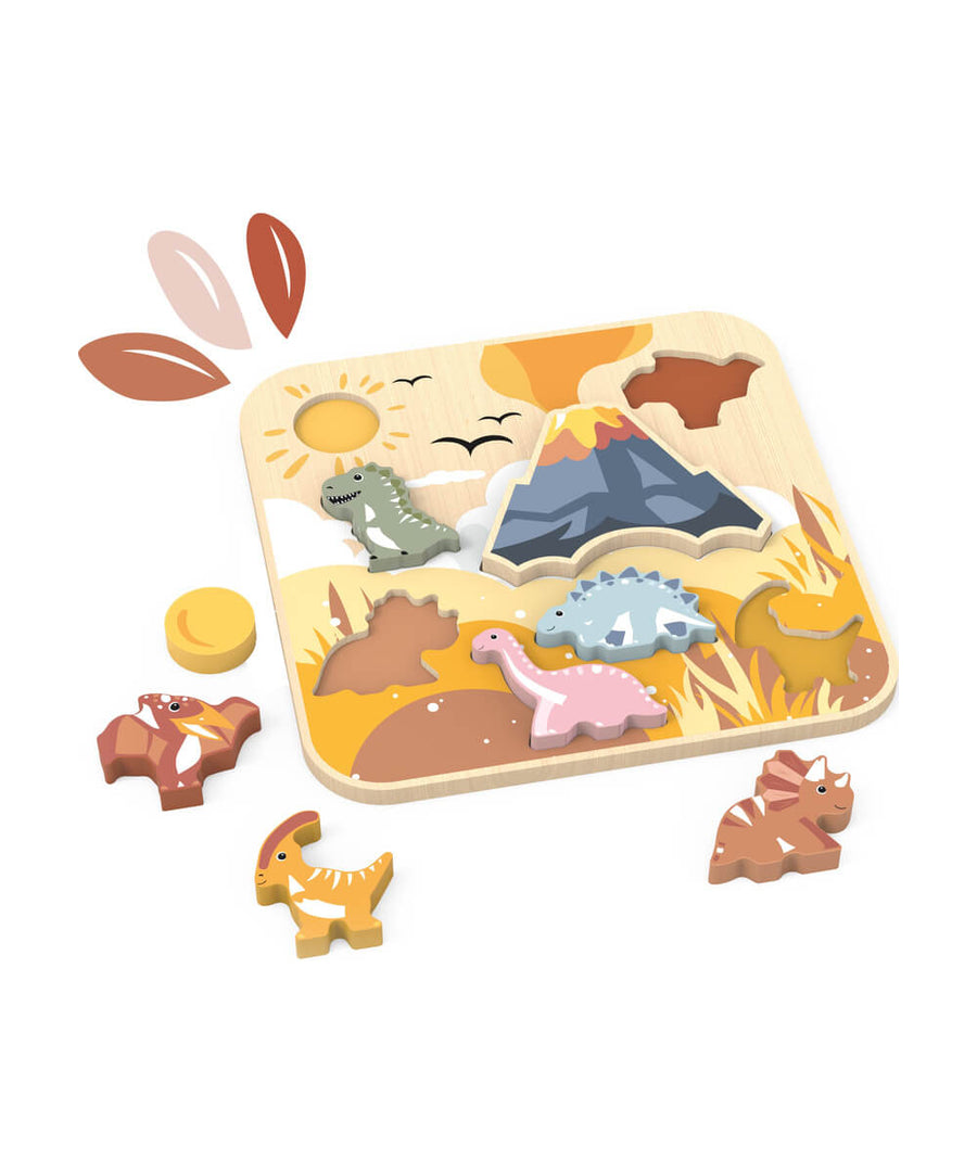 Puzzle en bois Dinosaures 8 pièces de Speedy Monkey, sur fond blanc
