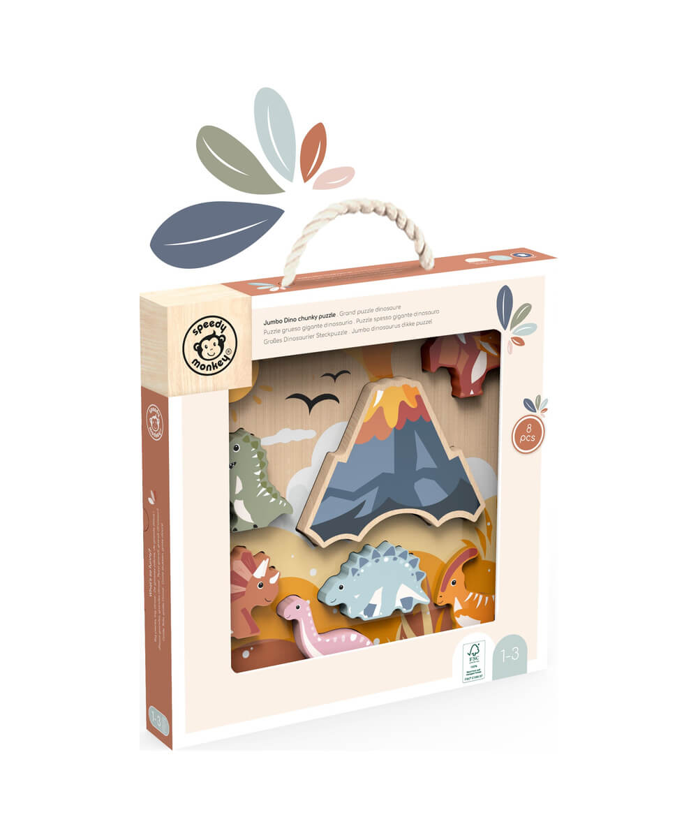 Puzzle en bois Dinosaures 8 pièces de Speedy Monkey, présenté sous un autre angle, sur fond blanc