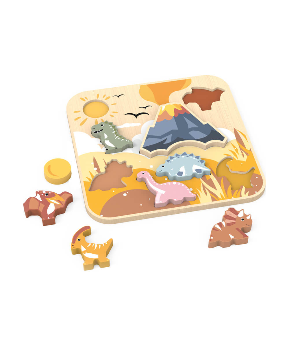 Puzzle en bois Dinosaures 8 pièces de Speedy Monkey, présenté sous un autre angle, sur fond blanc