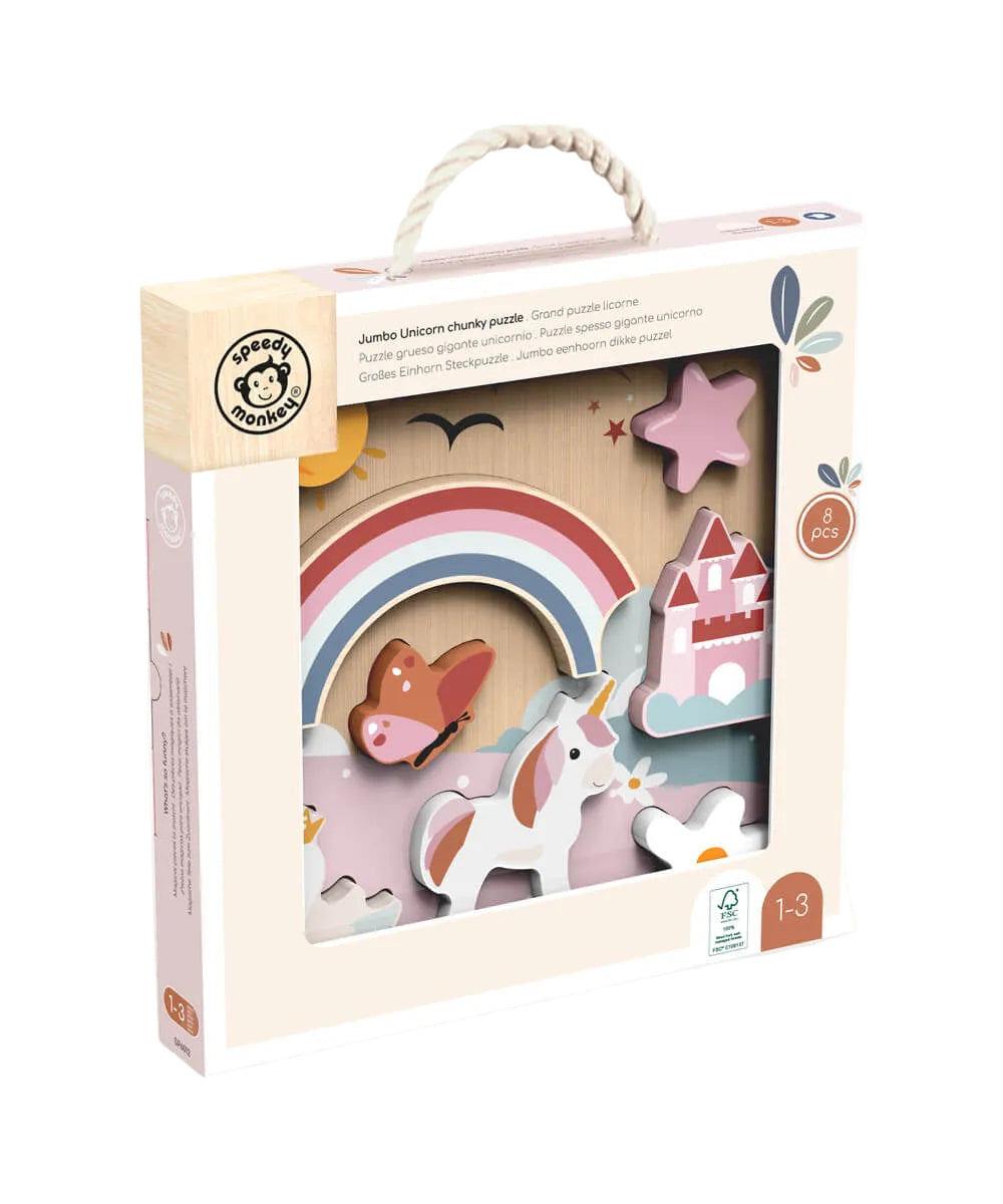 Puzzle en bois Licornes 8 pièces de Speedy Monkey, présenté sous un autre angle, sur fond blanc