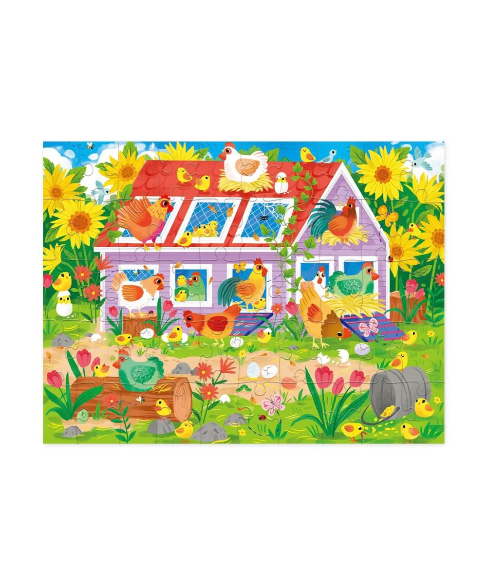 Puzzle 50 pieces le poulailler crocodile creek avec boite silhouette en forme de ferme.