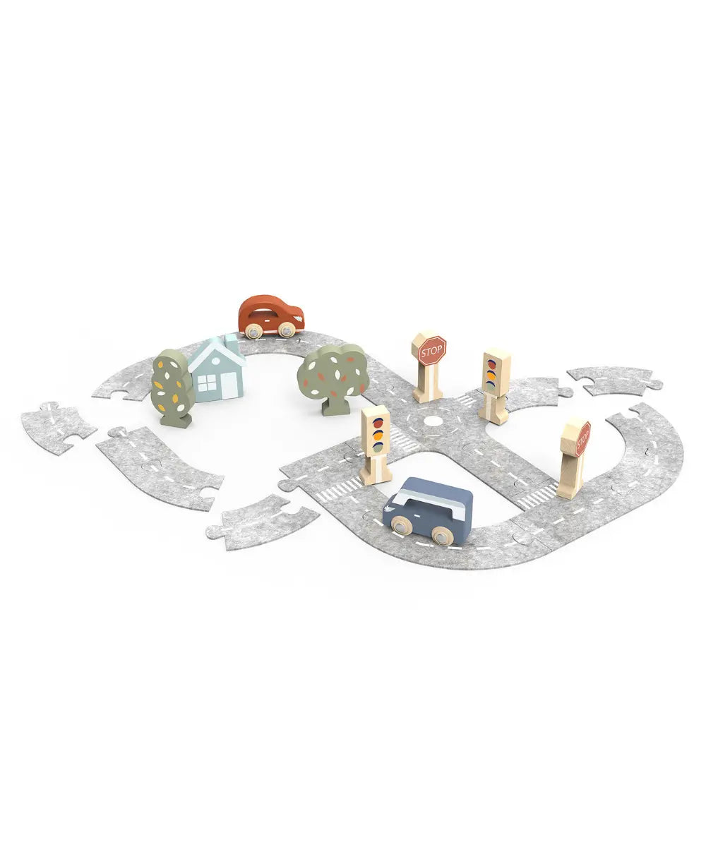 Circuit de voiture en bois fsc et feutrine puzzle avec deux petites voitures Speedy Monkey