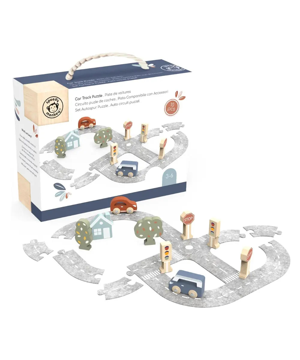 Circuit de voiture en bois fsc et feutrine puzzle avec deux petites voitures Speedy Monkey