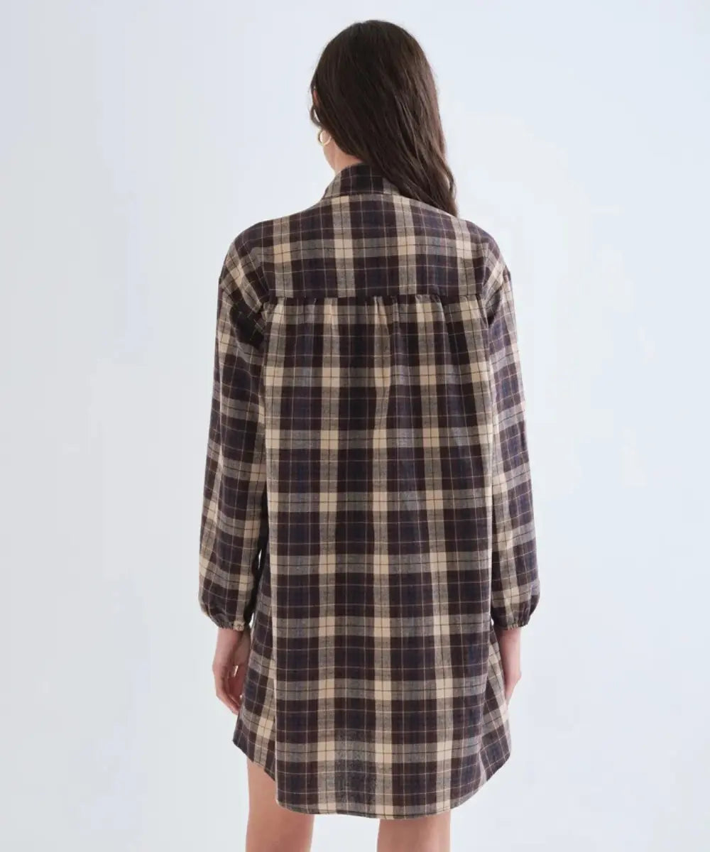 Robe courte en coton a carreaux marron et creme de la marque Compañía Fantástica