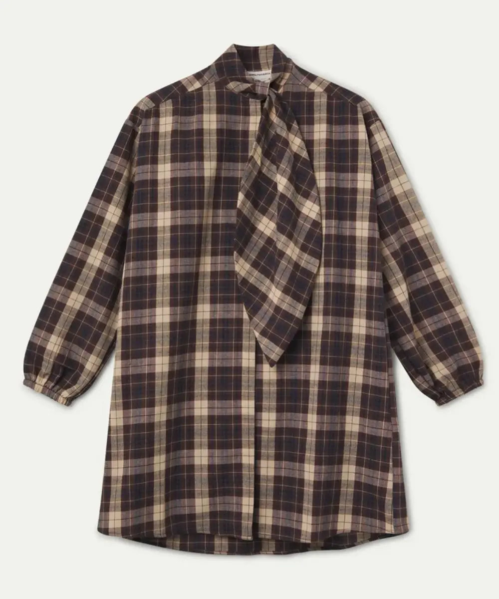 Robe courte en coton a carreaux marron et creme de la marque Compañía Fantástica