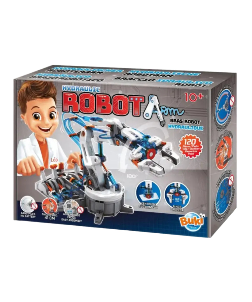 Packaging du Kit de construction bras robot articulé hydraulique de la marque Buki France.