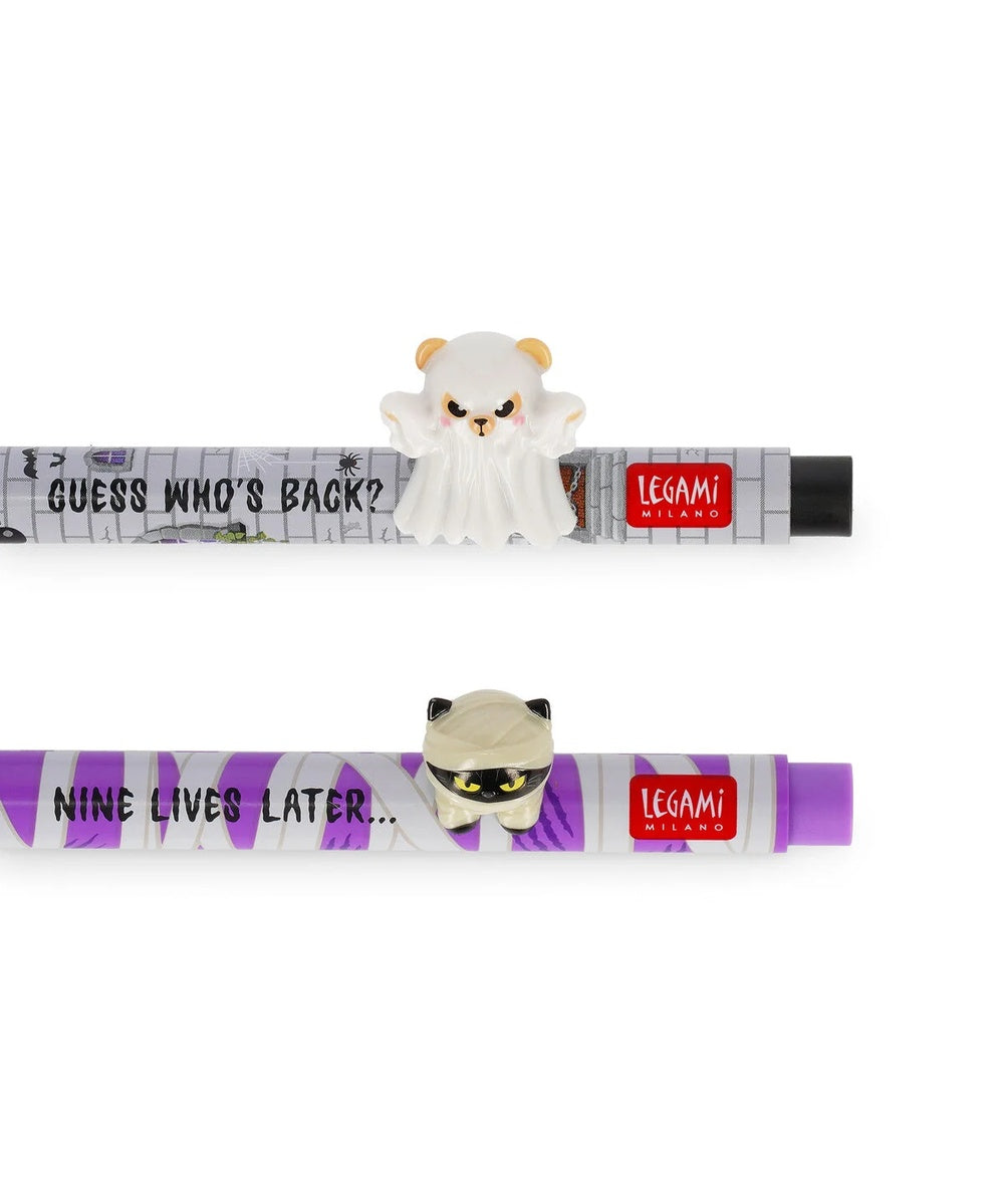 Set de 2 stylos gel lovely friends spooky party legami avec figurines amovibles chat momie et ours fantome.