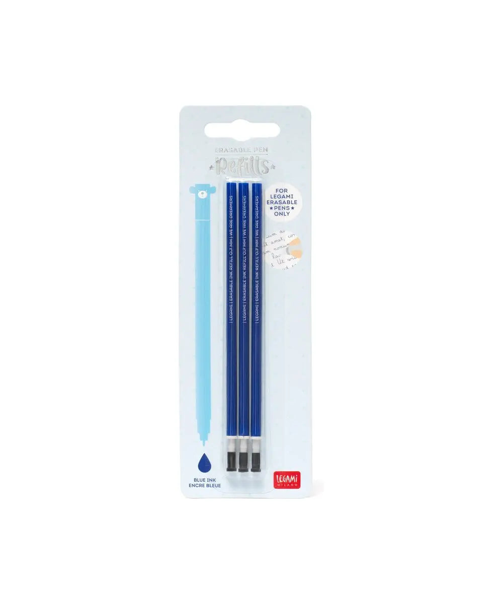 Vue produit de Set de 3 Recharges pour Stylo à Encre Gel Effaçable - Encre bleue - Erasable Pen de Legami sur fond clair
