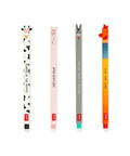 Set de 4 stylos gel effaçables Ferme Legami : vache, cochon, âne et coq, présentés sur fond blanc