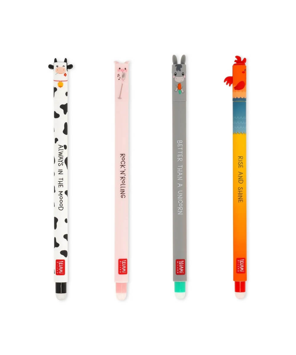 Set de 4 stylos gel effaçables Ferme Legami : vache, cochon, âne et coq, présentés sur fond blanc