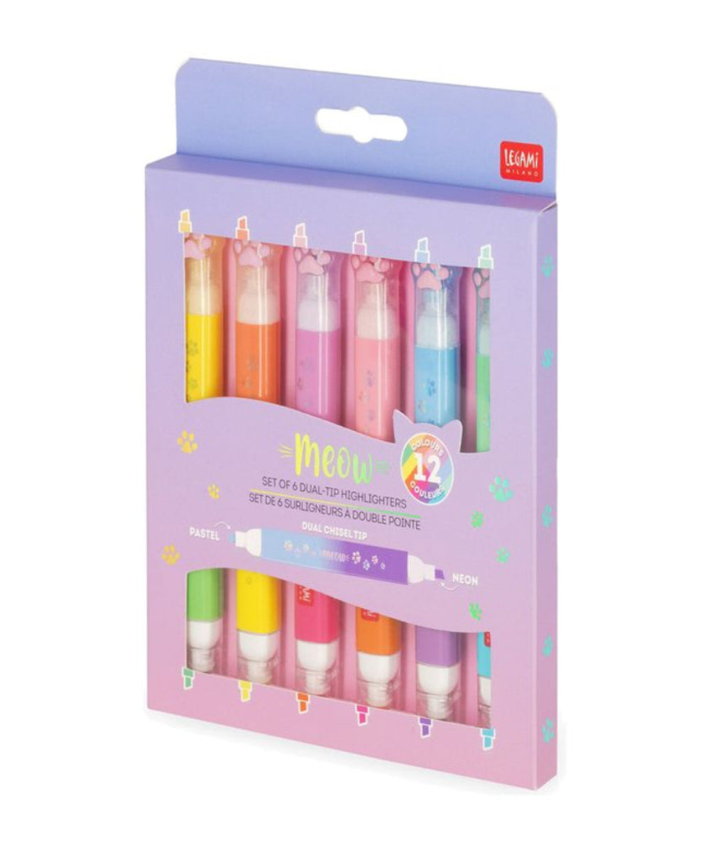 Vue produit de Set de 6 surligneurs à double pointe Kitty - Meow de Legami sur fond clair