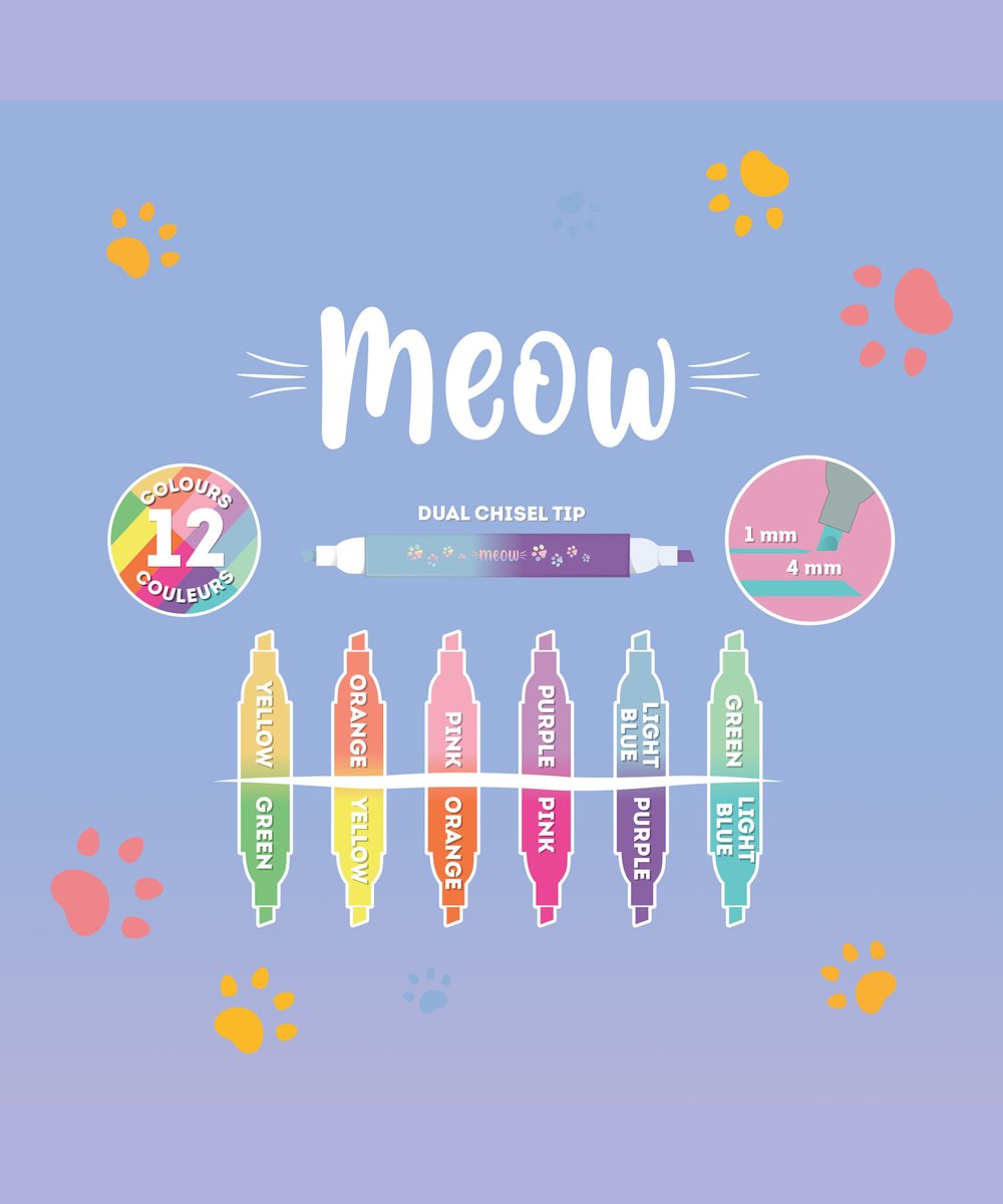 Vue en situation de Set de 6 surligneurs à double pointe Kitty - Meow de Legami