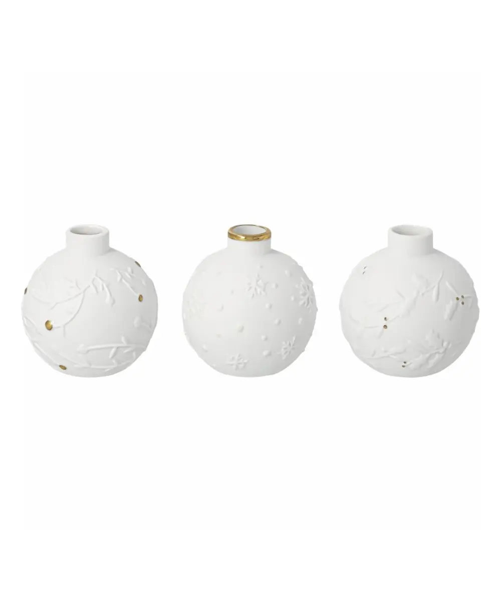 Set de 3 minis vases boules en porcelaine blanche et doree rader avec motifs en relief.