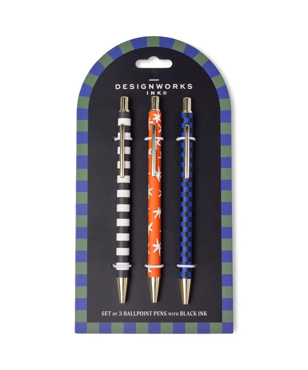 Set de 3 stylos a bille assortis a dopo designworks ink motifs rayures etoile et damier.