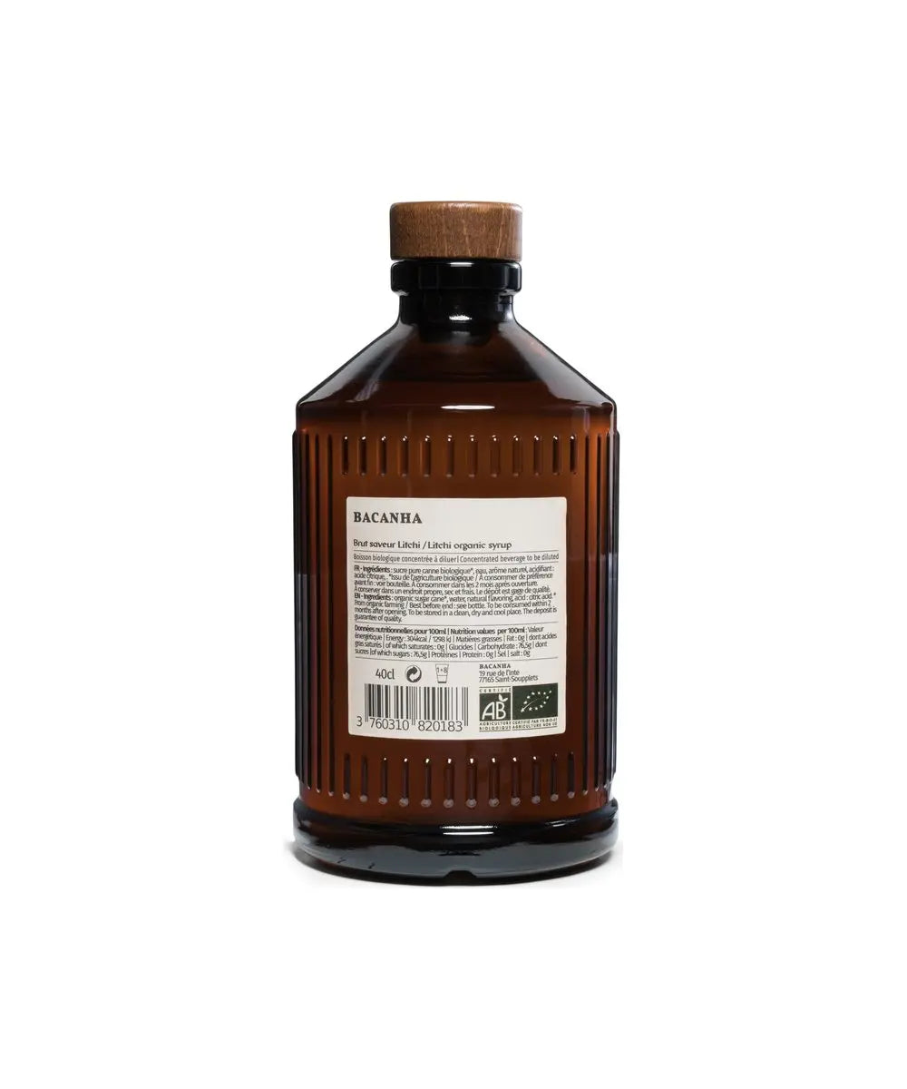 Sirop Brut de Litchi Bio Bacanha détail produit sur fond blanc