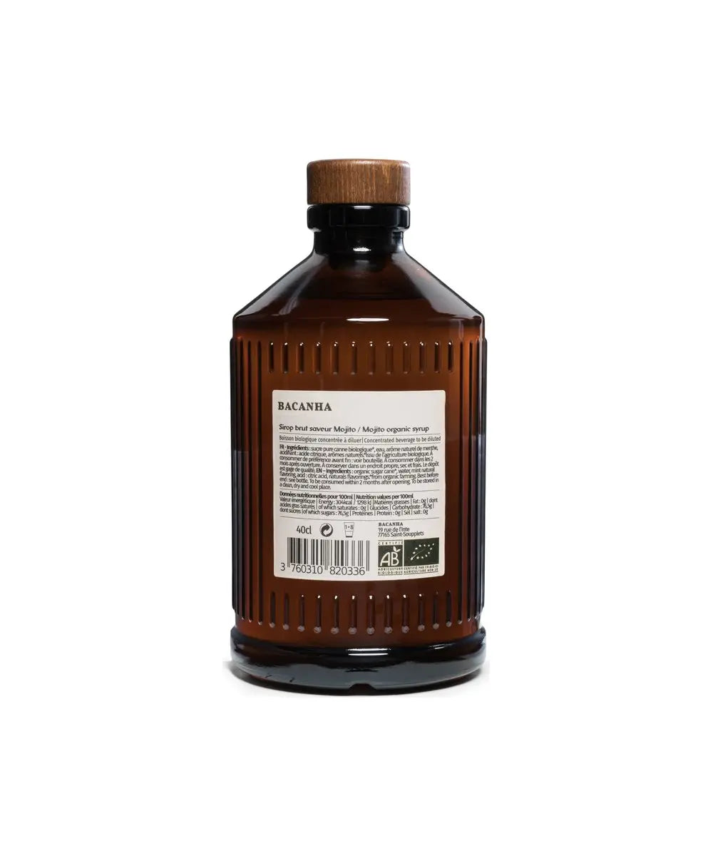 Sirop Brut de Mojito Bio Bacanha détail produit sur fond blanc