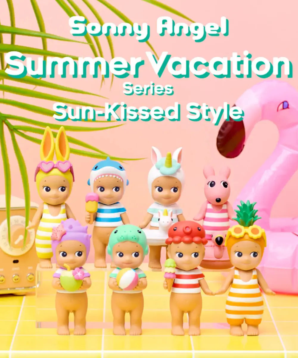Boîte mystère et figurines Sonny Angel en édition limitée d'été de la collection Summer Vacation avec petits chapeaux de plage.
