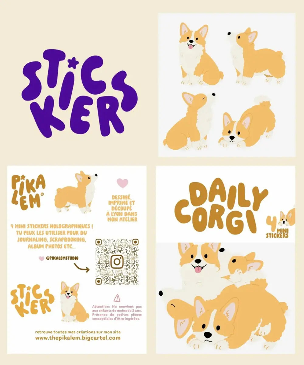 Lot de stickers autocollants illustres chien Corgi pour bullet journal et papeterie